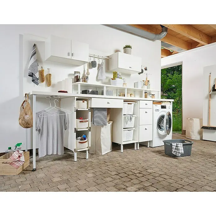 Hettich Kleiderstangenlager - Durchmesser: 20 mm, Kunststoff, 1 Stk. - Weißes Waschraumsystem mit Schränken, Regalen und einer Waschmaschine, das effizienten Stauraum und einen organisierten Arbeitsbereich bietet.