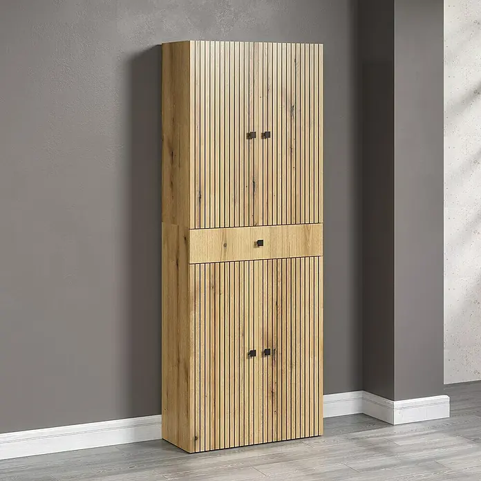 Trendteam Niklas Hochschrank - B x T x H: 70 x 31 x 186 cm, Evoke Eiche, Strukturiert, Mit Schublade - Ein hoch aufragender Holzschrank mit vertikalen Lamellen, der durch seine schlichte Eleganz besticht und viel Stauraum bietet.