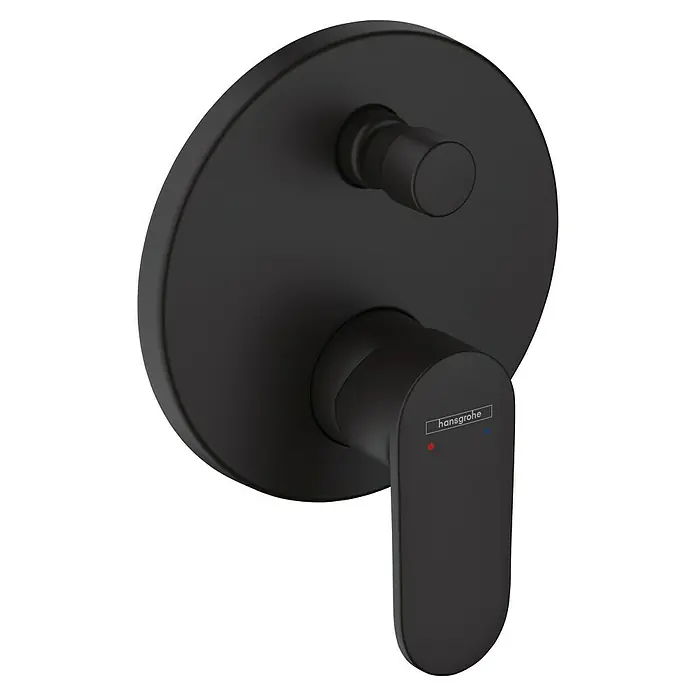 Hansgrohe Vernis Blend Badewannenarmatur - Schwarz, Matt - Nahaufnahme einer mattschwarzen Hansgrohe Armatur mit Hebel und Temperatureinstellung. Moderne Badarmatur für stilvolle Badezimmer.