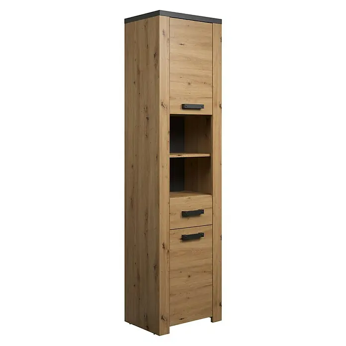 Trendteam Follow Hochschrank - B x T x H: 53 x 35 x 196 cm, Artisan Eiche, Matt - Hoher heller Holzschrank mit dunkelgrauer Platte, einer Tür, zwei offenen Fächern und zwei Schubladen mit dunkelgrauen Griffen.