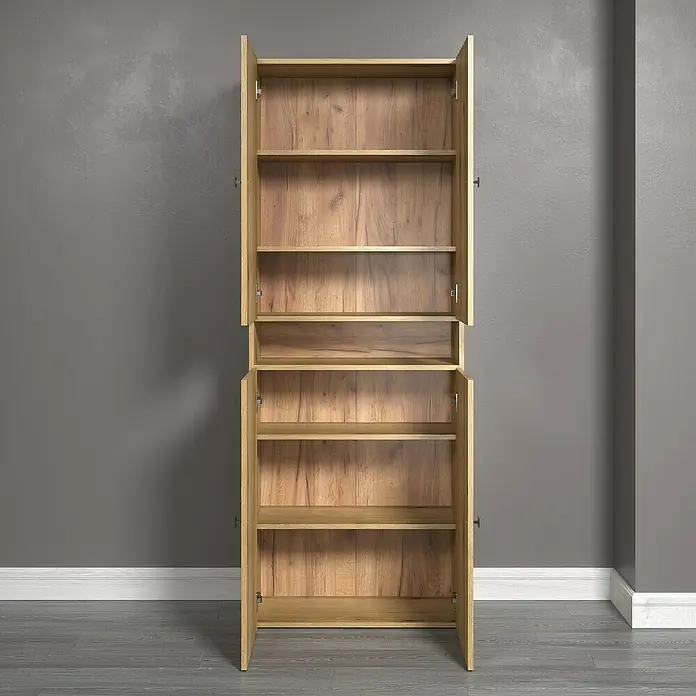 Trendteam Niklas Hochschrank - B x T x H: 70 x 31 x 186 cm, Evoke Eiche, Strukturiert, Mit offenem Fach - Offener Holzschrank mit Regalen vor einer grauen Wand, ideal für Stauraum und Organisation im Wohnbereich.