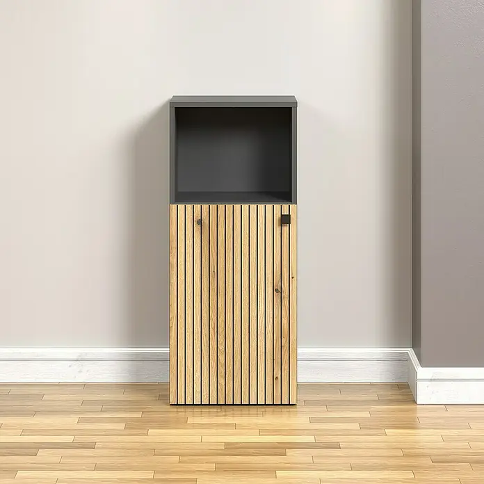 Trendteam Niklas Midischrank - B x T x H: 40 x 31 x 95 cm, Evoke Eiche/Anthrazit, Strukturiert - Ein moderner Schrank mit einer Holzlamellenfront und einem grauen oberen Teil. Perfekt für stilvolle Aufbewahrungslösungen.