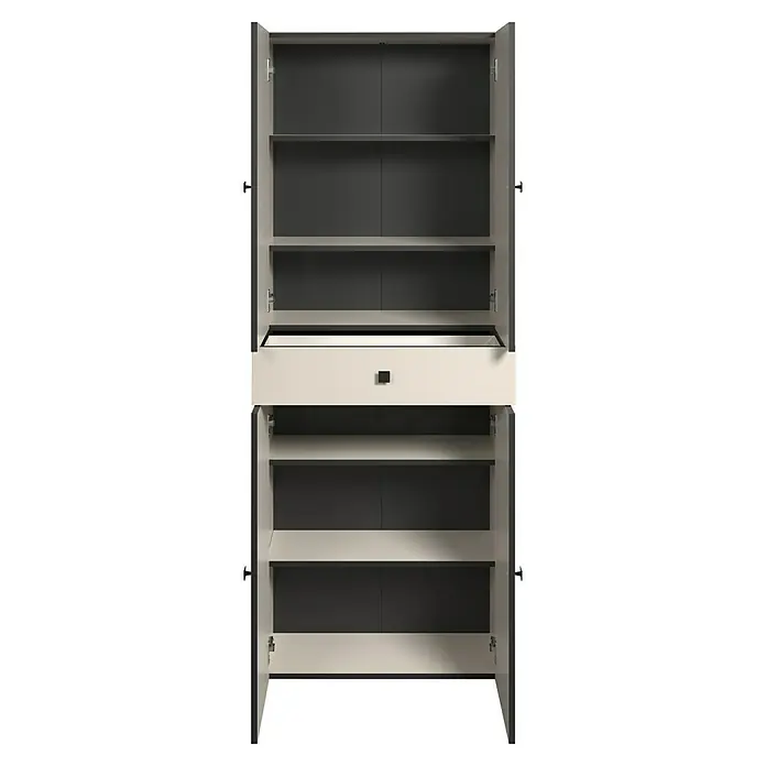 Trendteam Niklas Hochschrank - B x T x H: 70 x 31 x 186 cm, Kashmir, Strukturiert, Mit Schublade - Zweiteiliger hellbeiger Schrank mit dunkelgrauen Einlegeböden und geöffneten Türen, mittig mit schwarzem Griff.