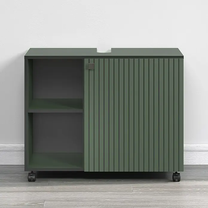 Trendteam Niklas Waschtischunterschrank - B x T x H: 80 x 42 x 64 cm, Grün, Strukturiert - Das Bild zeigt ein grünes Sideboard mit Schiebetür und Regalen, das eine stilvolle und praktische Ergänzung für jeden Raum darstellt.
