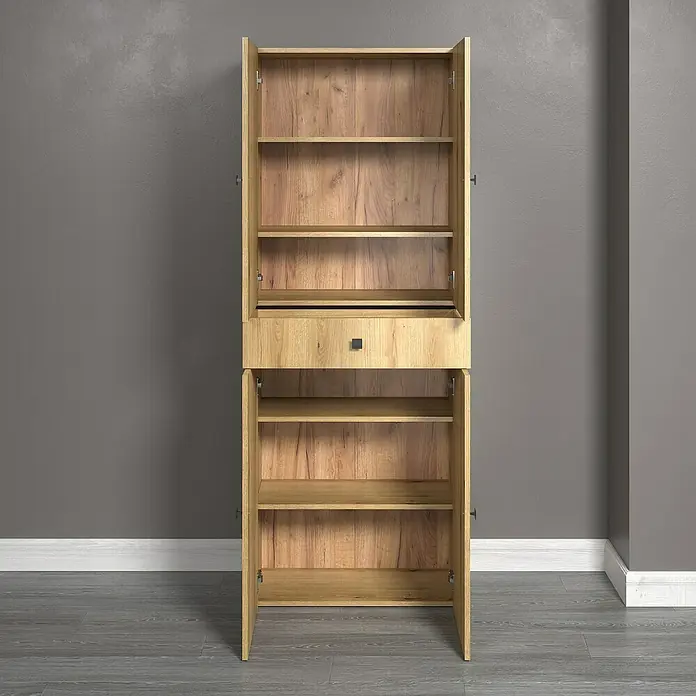 Trendteam Niklas Hochschrank - B x T x H: 70 x 31 x 186 cm, Evoke Eiche, Strukturiert, Mit Schublade - Offener Holzschrank mit Schublade und Regalen vor einer grauen Wand, der Stauraum und Ordnung bietet.
