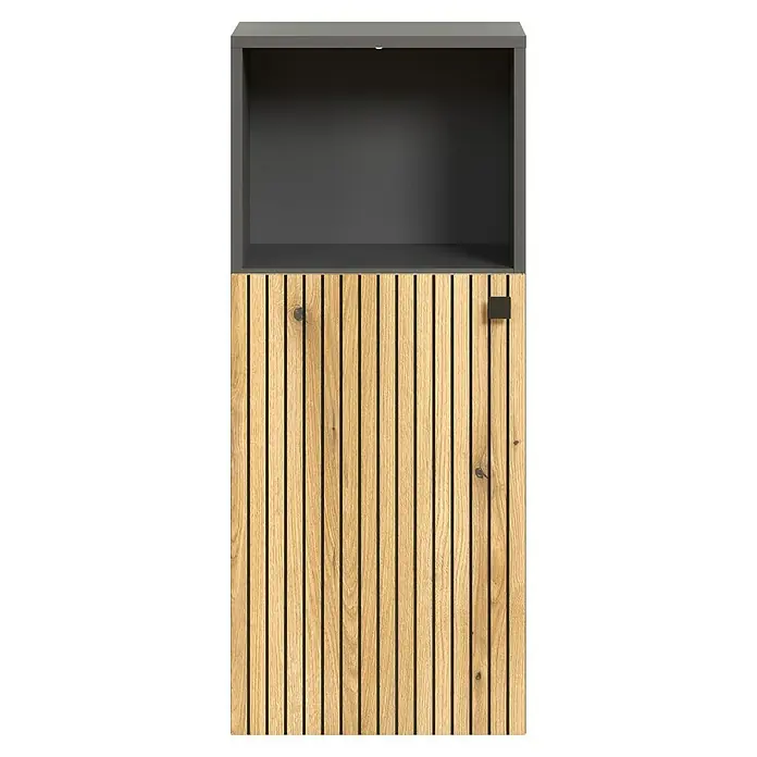 Trendteam Niklas Midischrank - B x T x H: 40 x 31 x 95 cm, Evoke Eiche/Anthrazit, Strukturiert - Zweifarbiger Schrank mit offenem grauen Fach und heller Holzlamellentür mit dunklem Griff.