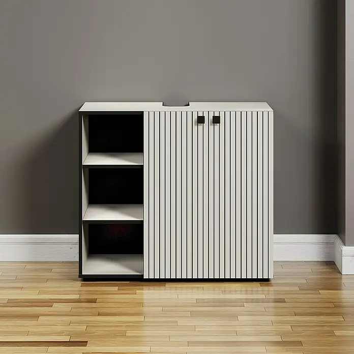 Trendteam Niklas Waschtischunterschrank - B x T x H: 90 x 53 x 79 cm, Kashmir, Strukturiert - Ein moderner weißer Schrank mit schwarzen Akzenten, der sowohl Stauraum als auch offene Regale bietet, steht auf einem Holzboden vor einer grauen Wand.