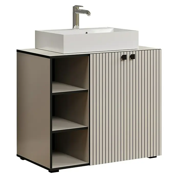 Trendteam Niklas Badmöbel-Set - 90 cm, Kashmir, Strukturiert, Breite Waschbecken: 60 cm - Moderner Badezimmerschrank mit weißem Aufsatzwaschbecken, Chromarmatur, offenen Regalen und Schrank mit vertikalen Lamellendetails und schwarzen Griffen.