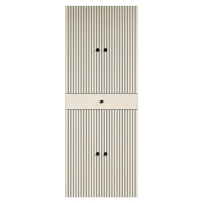 Trendteam Niklas Hochschrank - B x T x H: 70 x 31 x 186 cm, Kashmir, Strukturiert, Mit Schublade - Helles beiges Lamellenschrank mit schwarzen Linien, zentralem Band und vier schwarzen quadratischen Griffen.