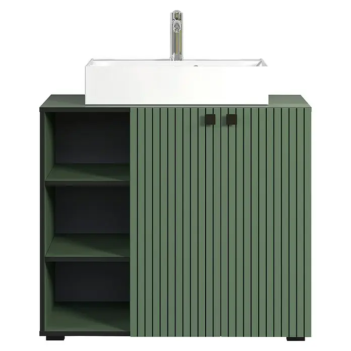 Trendteam Niklas Badmöbel-Set - 90 cm, Grün, Strukturiert, Breite Waschbecken: 60 cm - Salbeigrüner Waschtisch mit weißem Becken, Chromarmatur, offenen Regalen und geriffeltem Schrank mit dunklen Griffen.