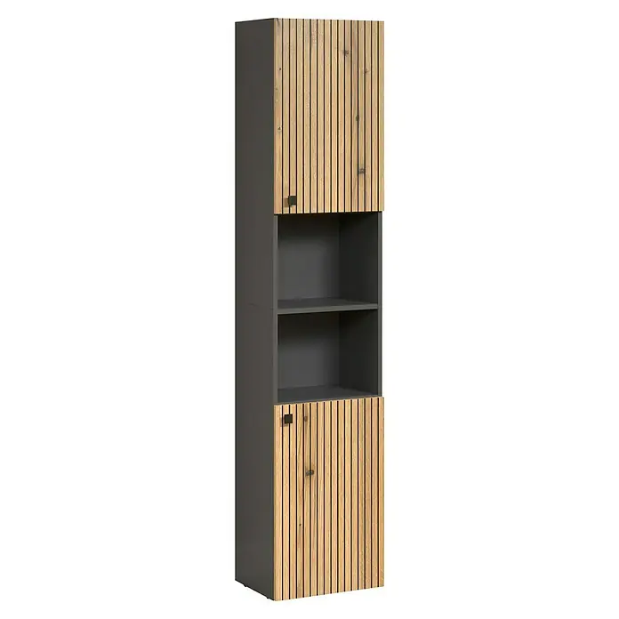 Trendteam Niklas Hochschrank - B x T x H: 40 x 31 x 186 cm, Evoke Eiche/Anthrazit, Strukturiert - Hoher, dunkelgrauer Schrank mit zwei hellen Lamellentüren und zwei offenen Fächern.