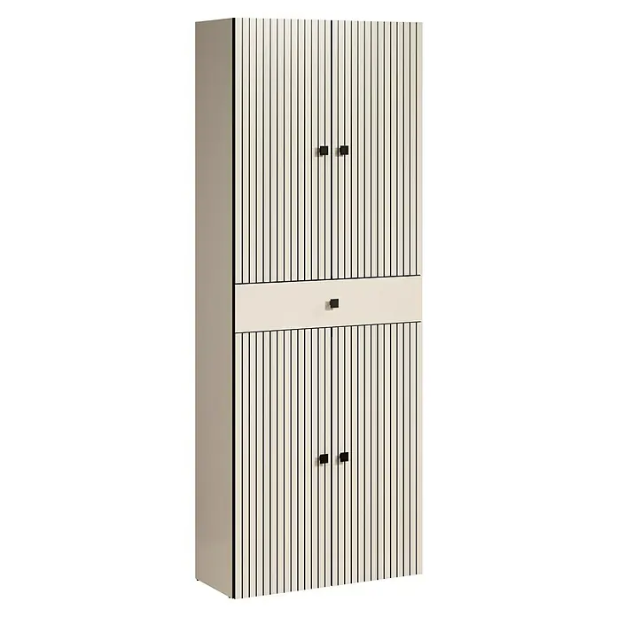 Trendteam Niklas Hochschrank - B x T x H: 70 x 31 x 186 cm, Kashmir, Strukturiert, Mit Schublade - Hoher, hellbeiger Schrank mit vertikalen Lamellentüren und einer Schublade, mit schwarzen quadratischen Griffen.