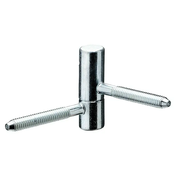 Hettich Einbohrband - Verzinkt, Geeignet für: Holzzargen, Ø x H: 15 x 55 mm - Nahaufnahme eines silbernen Türbandes mit zwei Gewindebolzen vor schwarzem Hintergrund, das für eine robuste und zuverlässige Befestigung sorgt.