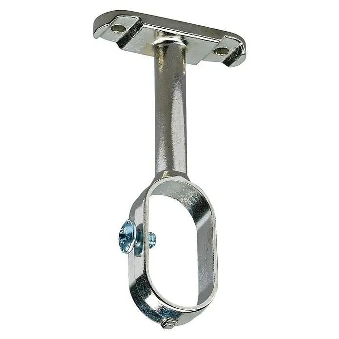 Hettich Kleiderstangenhalter - Zinkdruckguss, Silber - Silberfarbener Kleiderstangenhalter aus Metall mit flacher Montageplatte, vertikalem Stiel und ovaler Schlaufe mit Feststellschraube.