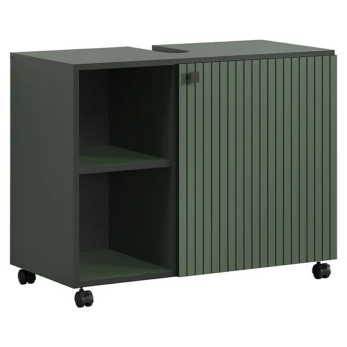 Trendteam Niklas Waschtischunterschrank - B x T x H: 80 x 42 x 64 cm, Grün, Strukturiert - Olivgrüner mobiler Rollcontainer mit offenen Fächern und gerillter Schiebetür.