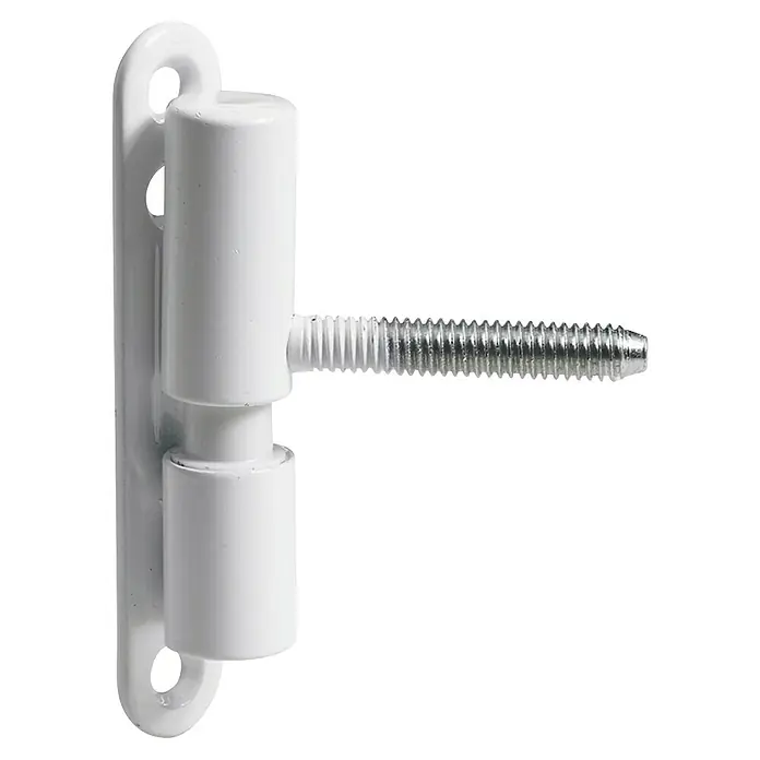 Hettich Türband Renovierband wartungsfrei - Ø x L: 15 x 83,5 mm, Traglast: 30 kg, Pulverbeschichtet, Weiß, Wartungsfreie Gleitlagertechnik - Nahaufnahme eines weißen Türbandes mit Schraube, ideal für Möbel oder Fenster. Die robuste Konstruktion sorgt für langlebige Funktionalität.