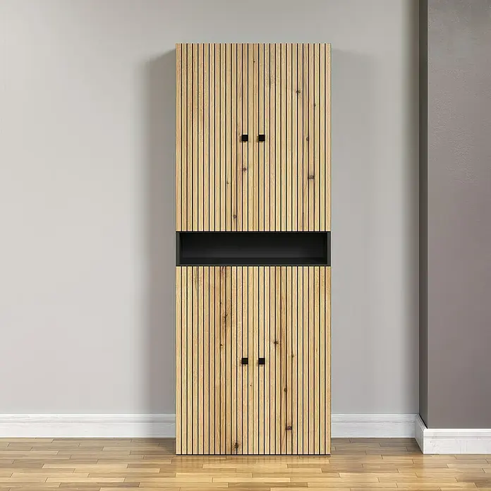 Trendteam Niklas Hochschrank - B x T x H: 70 x 31 x 186 cm, Evoke Eiche/Anthrazit, Strukturiert, Mit offenem Fach - Dieser Schrank ist mit vertikalen Holzlatten verziert und verfügt über offene Fächer, die Funktionalität und Stil vereinen.