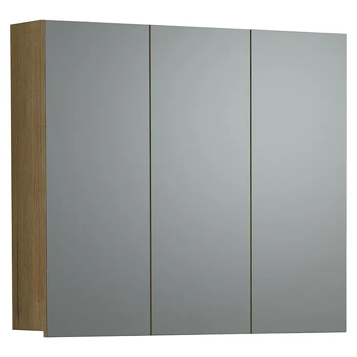Trendteam Niklas Spiegelschrank - B x H: 90 x 80 cm, Evoke Eiche - Dreitüriger Schrank mit hellgrauen Fronten und einer Seitenwand in heller Holzoptik.