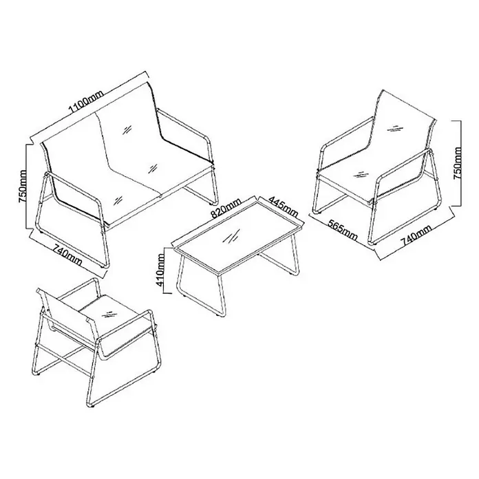 Sunfun Conjunto de muebles Deia - 4 pzs., Textiline/Acero, Antracita - Boceto de un conjunto de muebles de exterior que incluye sofá, sillas y mesa con medidas en milímetros para especificaciones detalladas del producto.