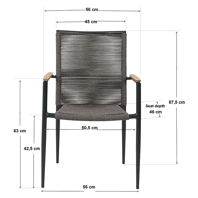 Sunfun Silla de jardín Greta - Negro, Aluminio/Cuerda sintética, 57 x 47 x 89 cm - Dimensiones de la silla de exterior con tejido de cuerda gris y reposabrazos de madera, incluyendo altura, anchura y profundidad del asiento.