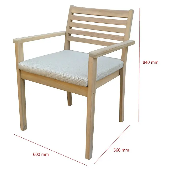 Sunfun Silla de jardín Nour - 56 x 60 x 84 cm, Natural, Madera de acacia - Imagen de una silla de madera clara con cojín de asiento gris y reposabrazos. Las dimensiones están marcadas.