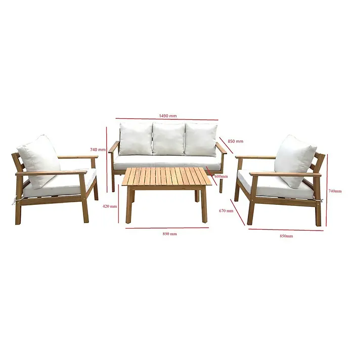 Sunfun Conjunto de muebles Aroa - 4 pzs., Madera de acacia, Marrón/Gris - Conjunto de muebles de jardín con sofá, sillones y mesa, todo de madera con cojines blancos, con dimensiones para una fácil planificación.