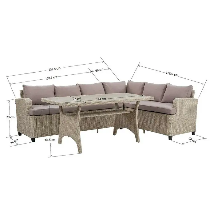 Sunfun Conjunto de muebles Namsted - 3 pzs., Ratán sintético/Acero, Beige - Imagen de un sofá de ratán con mesa. Las dimensiones del conjunto se muestran en la imagen, incluyendo altura, anchura y longitud de los muebles.