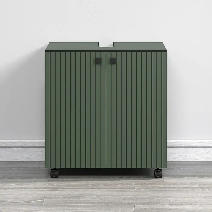 Trendteam Niklas Waschtischunterschrank - B x T x H: 60 x 42 x 64 cm, Grün, Strukturiert - Schrank mit geriffelten Türen in Olivgrün mit Rädern und zwei schwarzen Griffen.