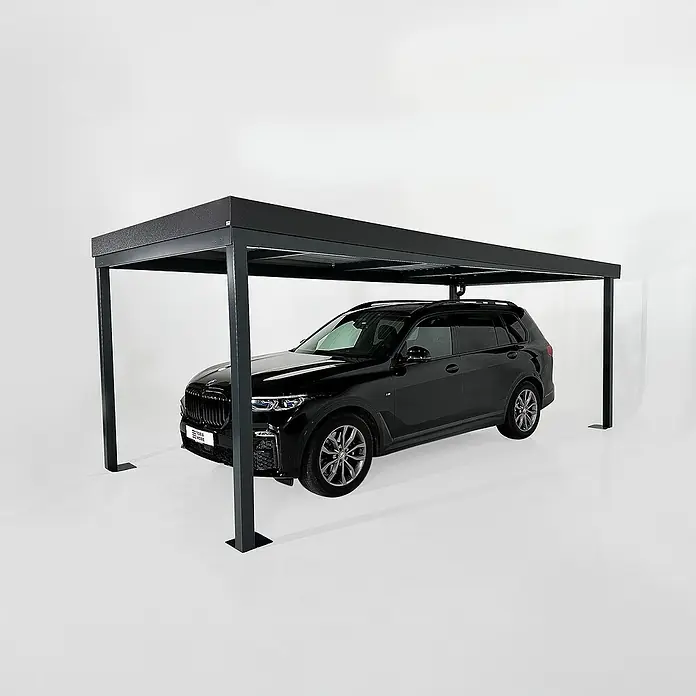 Amazing Spaces Carport Urban Air Typ 39 - Außenmaß inkl. Dachüberstand (B x T): 5,85 x 8,06 m, Doppelcarport, Anthrazit - Dunkelgrauer Metall-Carport mit strukturiertem Dach, der einen schwarzen SUV schützt.