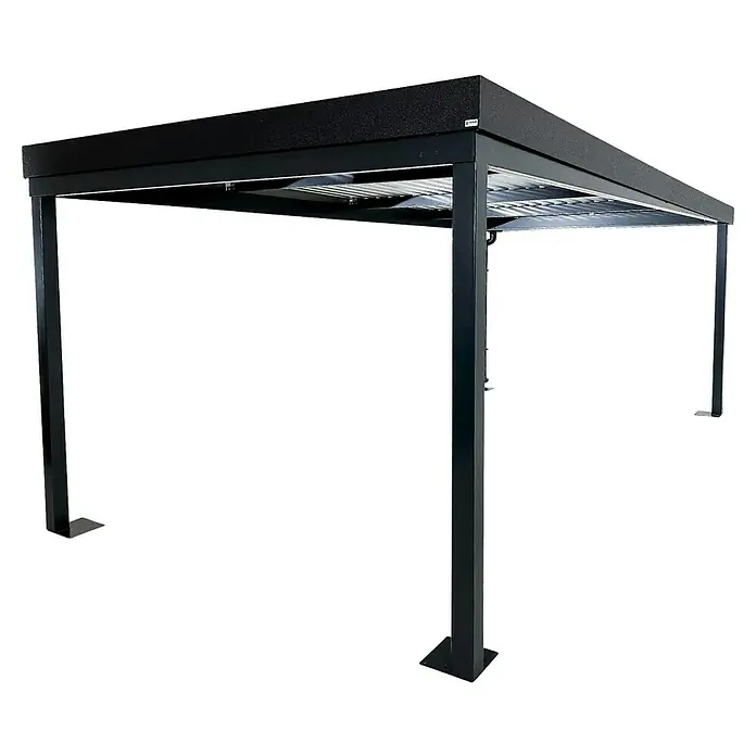 Amazing Spaces Carport Urban Air Typ 39 - Außenmaß inkl. Dachüberstand (B x T): 5,85 x 8,06 m, Doppelcarport, Anthrazit - Schwarze Metallpergola mit verstellbarem Lamellendach, gestützt von vier quadratischen Pfosten, für den Sonnenschutz im Freien.
