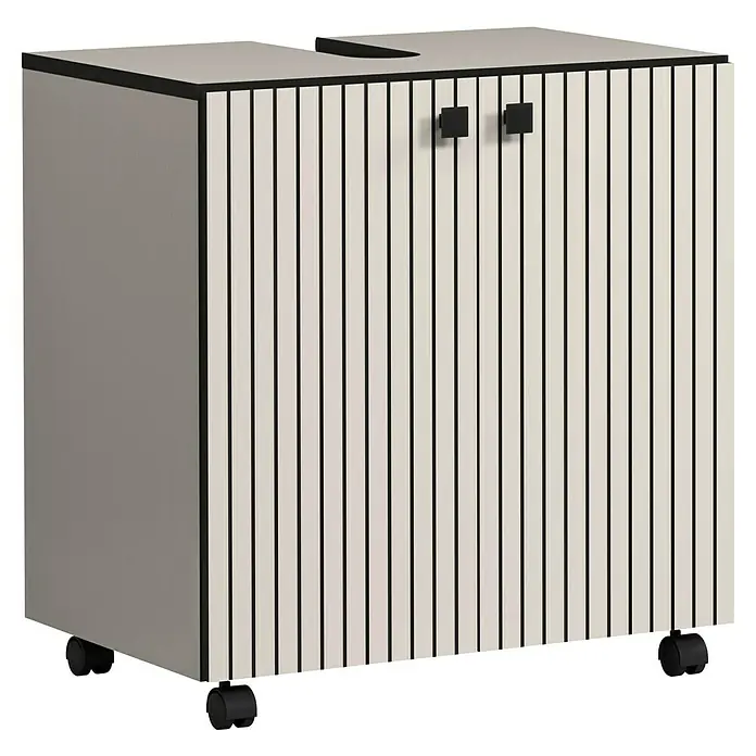 Trendteam Niklas Waschtischunterschrank - B x T x H: 60 x 42 x 64 cm, Kashmir, Strukturiert - Helles beiges Rollcontainer mit schwarzen vertikalen Streifen, schwarzen Griffen und einem oberen Schlitz.