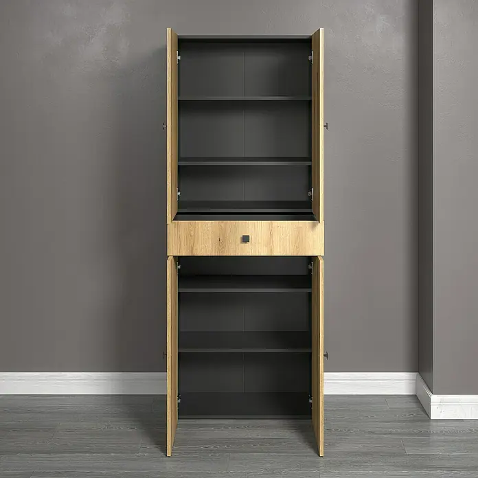 Trendteam Niklas Hochschrank - B x T x H: 70 x 31 x 186 cm, Evoke Eiche/Anthrazit, Strukturiert, Mit Schublade - Aufnahme eines modernen Holzschranks mit offenen Türen und Regalen, ideal für stilvolle Stauraumlösungen im Wohnbereich.