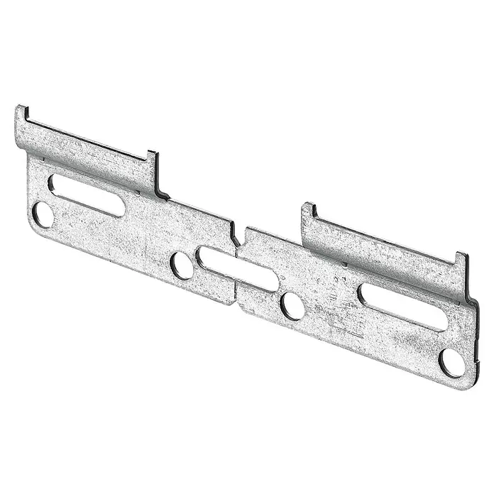 Hettich Schrankaufhänger - L x B: 130 x 36 mm - Silbernes Metall-Montageprofil mit Winkelprofil, Perforationen und verschiedenen Befestigungslöchern.