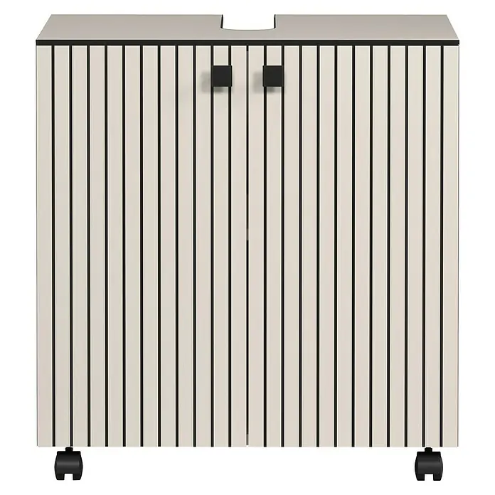 Trendteam Niklas Waschtischunterschrank - B x T x H: 60 x 42 x 64 cm, Kashmir, Strukturiert - Helles beiges Sideboard mit schwarzen vertikalen Lamellen, schwarzen Griffen und zwei schwarzen Rollen.