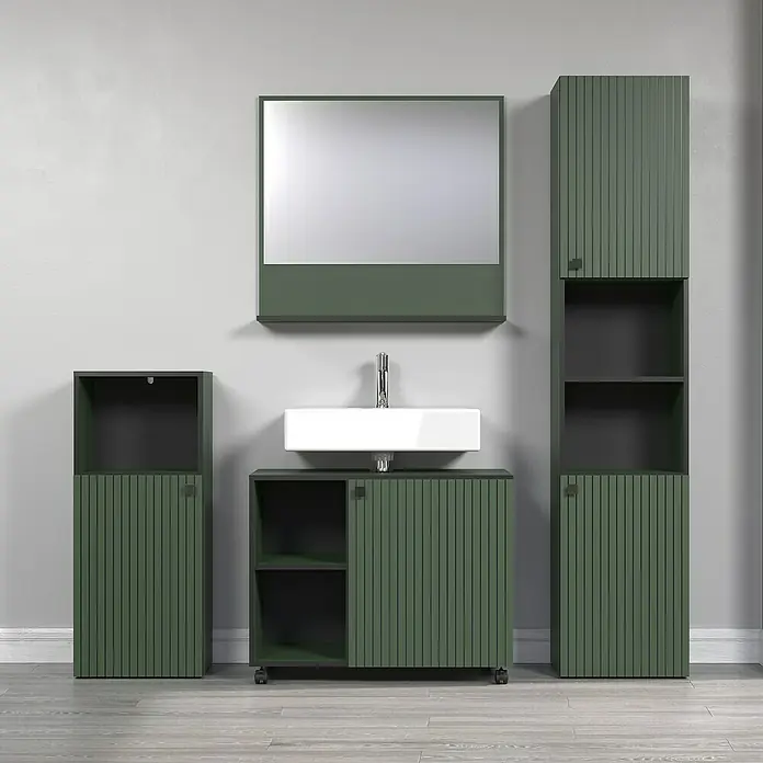 Trendteam Niklas Ablagespiegel - 80 x 14 x 74 cm, Grün - Badezimmermöbelset in Grün mit Waschbecken, Spiegel und Schränken für ein stilvolles und modernes Badezimmerdesign.