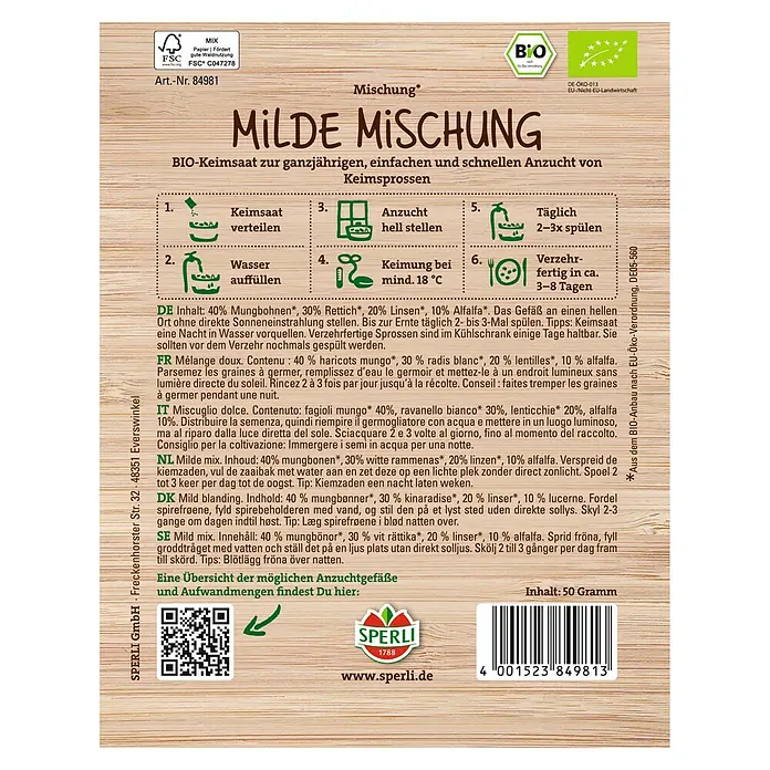 Sperli Gemüsesamen Bio Keimsprossen Milde Mischung - Verschiedene sorten - Bild einer Packung Milde Mischung Keimsprossen von Sperli, ideal für die einfache und schnelle Anzucht von Keimsprossen.
