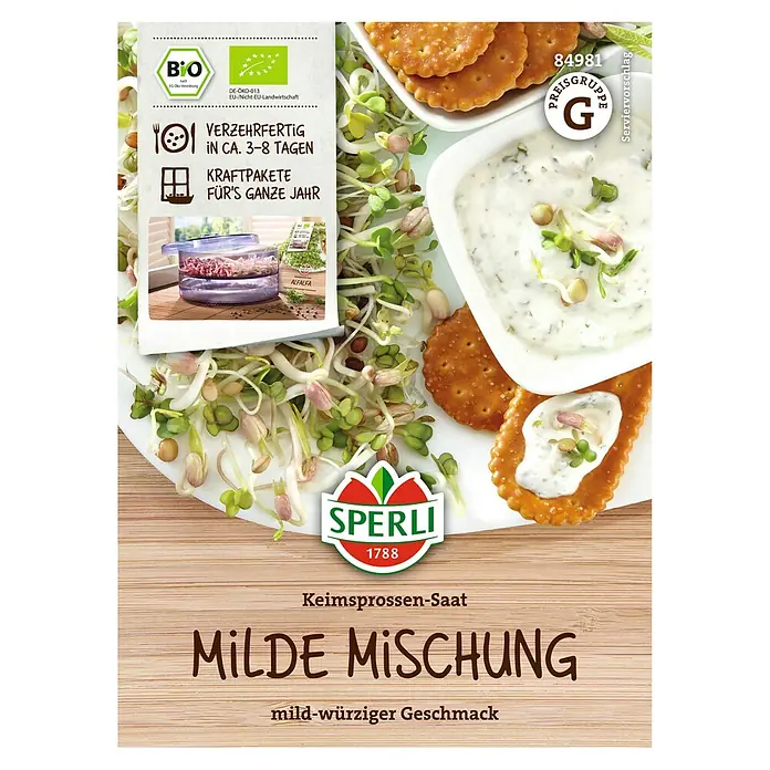 Sperli Gemüsesamen Bio Keimsprossen Milde Mischung - Verschiedene sorten - Produktbild von Sperli Keimsprossen-Saat Milde Mischung, ideal für knackige Salate und gesunde Snacks.