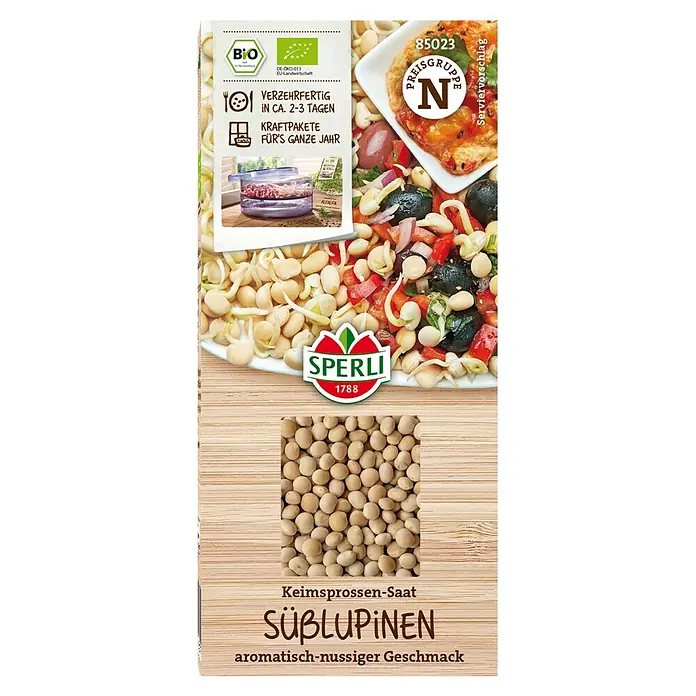 Sperli Gemüsesamen Bio Keinsprossen Süßlupine - Lepidium sativum, Erntezeit: Ganzjährig - Packung Süßlupinensamen für Keimsprossen von Sperli. Aromatisch-nussiger Geschmack, ideal für Salate und Brotbeläge. Bio-Qualität.