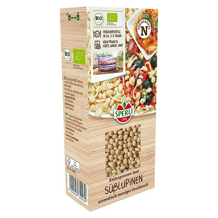 Sperli Gemüsesamen Bio Keinsprossen Süßlupine - Lepidium sativum, Erntezeit: Ganzjährig - Verpackung Süßlupinen Keimsprossen-Saat von Sperli, für aromatisch-nussigen Geschmack. Bio-Qualität für Sprossen in 2-3 Tagen.