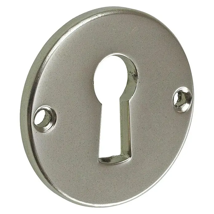 Hettich Schlüsselschild - Durchmesser Rosette: 30 mm, Silber - Nahaufnahme einer silbernen Schlüssellochabdeckung, die ein Schlüsselloch und zwei Schraubenlöcher zeigt.