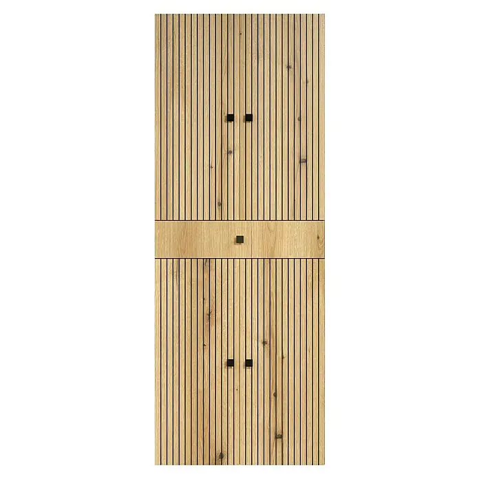 Trendteam Niklas Hochschrank - B x T x H: 70 x 31 x 186 cm, Evoke Eiche/Anthrazit, Strukturiert, Mit Schublade - Helle Holzschranktür mit vertikalen Lamellen, glatter Horizontalplatte und schwarzen Griffen.