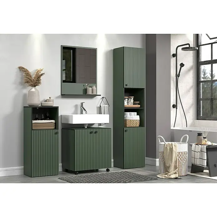 Trendteam Niklas Waschtischunterschrank - B x T x H: 60 x 42 x 64 cm, Grün, Strukturiert - Modernes Badezimmer-Set in Grün mit Waschbeckenunterschrank, Hochschrank und Spiegel. Elegantes Design für stilvolle Badezimmergestaltung.