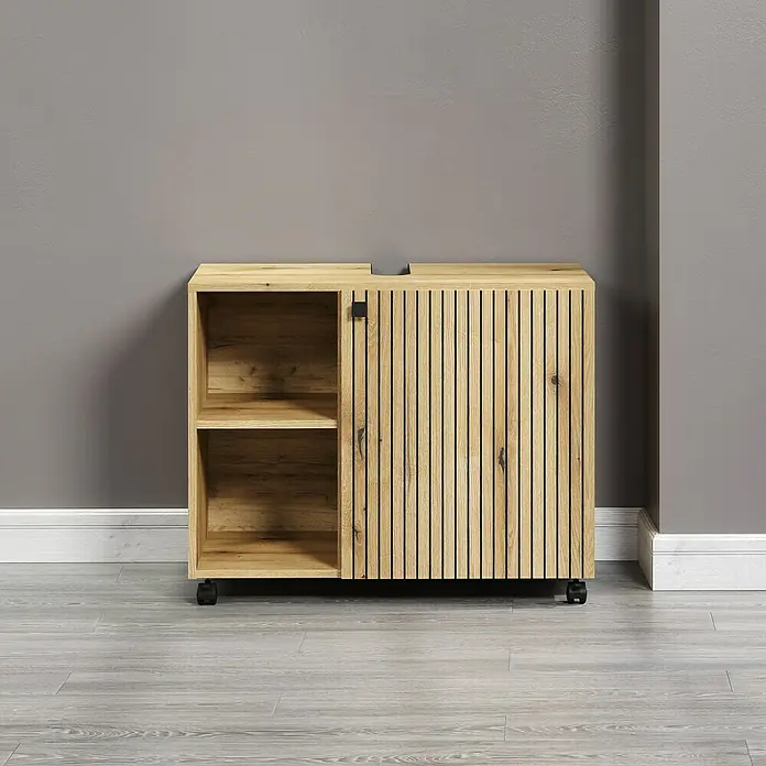 Trendteam Niklas Waschtischunterschrank - B x T x H: 80 x 42 x 64 cm, Evoke Eiche, Strukturiert - Modernes Lowboard aus hellem Holz mit Regalfächern und Lamellentüren auf Rollen. Ideale Stauraumlösung für Wohnräume.