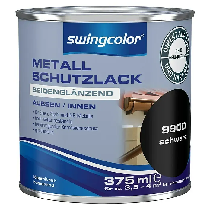 swingcolor Metall-SchutzlackSchwarz, 375 ml, Seidenglänzend - Farbdose "Swingcolor Metall Schutzlack Seidenglänzend" in Schwarz (9900) für den Außen- und Innenbereich. Lösemittelbasiert und direkt auf Zink anwendbar.