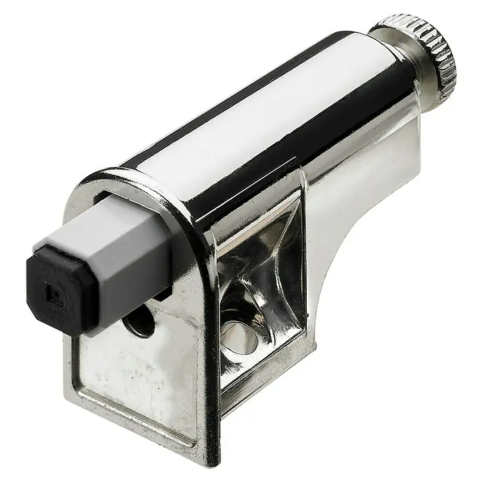 Hettich Möbeltürdämpfer - L x B x H: 60 x 30 x 19 mm - Verchromter Push-to-Open-Möbelschnäpper mit weiß-grauem Kolben und schwarzer Spitze.