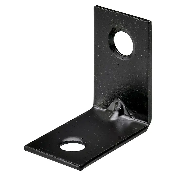 Hettich Stuhlwinkel - L x B x H: 25 x 25 x 16 mm, Stahl, Gunmetal - Schwarze Winkelverbindung aus Metall mit Löchern zur Befestigung von Bauteilen in verschiedenen Konstruktionsanwendungen.