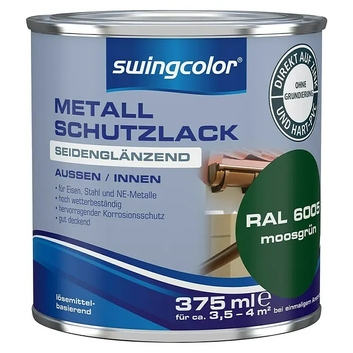 swingcolor Metall-Schutzlack - Moosgrün, 375 ml, Seidenglänzend - Dose Swingcolor Metall Schutzlack seidenlänzend, RAL 6005 Moosgrün, 375 ml, für Eisen, Stahl, NE-Metalle. Direkt auf Zink und Hart-PVC.