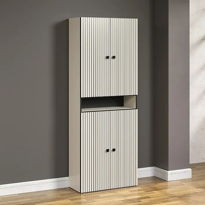 Trendteam Niklas Hochschrank - B x T x H: 70 x 31 x 186 cm, Kashmir, Strukturiert, Mit offenem Fach - Ein stilvoller, cremefarbener Schrank mit vertikalen Zierleisten und dunklen Griffen, perfekt für moderne Wohnräume.