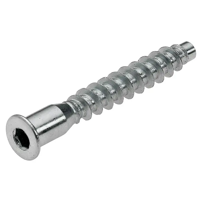 Suki Tornillo de unión - Ø x L: 7 x 50 mm, Casquillo hexagonal SW4 - Tornillo conector de muebles plateado con cabeza hexagonal y roscas anchas y planas.