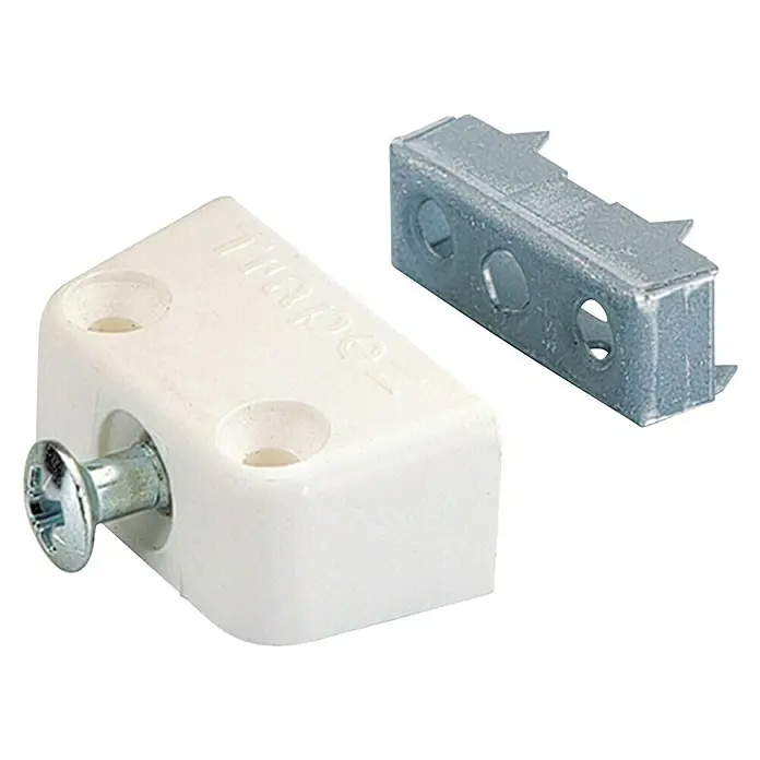 Hettich Elementverbinder - L x B x H: 205 x 40 x 15,8 mm, Weiß - Möbelbeschlag: Weißes Kunststoffgehäuse mit Schraube und silberner Metallhalterung.